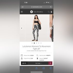 Lululemon Moment To Movement Tight 28"
Crinkle Heather Brindle High Shine Foil